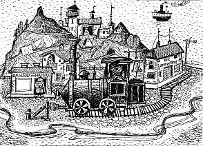 Lummerland mit Lokomotive Emma, Lukas, der
                  Lokomotivf�hrer, und Frau Waas, die Ladeninhaberin