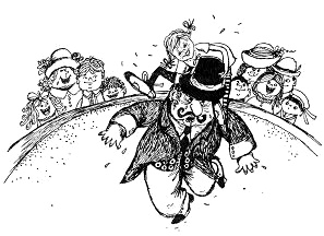 Pippi Langstrumpf springt vom Seil direkt auf
                      den protestierenden Zirkusdirektor