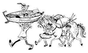 Pippi, Thomas, Annika und Herr Nilsson
                      wandern mit dem Boot