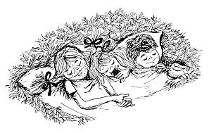 Pippi Langstrumpf, Thomas, Annika und Herr
                      Nilsson schlafen im Zelt