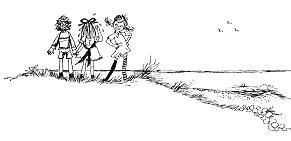 Pippi Langstrumpf, Thomas und Annika am
                      Strand ohne Boot. Pippi hat vergessen, dass sie
                      das Boot an Land getragen hat.