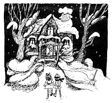 Villa Kunterbunt mit Schnee im Winter: Thomas
                      und Annika werden von Pippi Langstrumpf empfangen