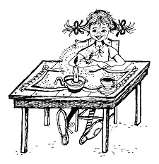 Pippi Langstrumpf am Tisch mit einer
                      brennenden Kerze