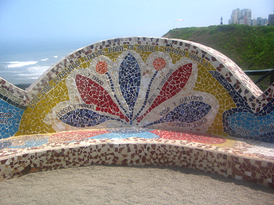 Fantasy 06: bench in form of waves
                              with mosaics in the Park of the Being In
                              Love (parque de los enamorados),
                              Lima-Miraflores, Peru, zoom of one of the
                              mosaics in form of a flower