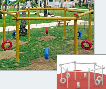 Vertikale Reifenschaukel 04:
                            Sechseck-Reifenschaukel mit Erdboden,
                            HPS-Gerte Oberweis, sterreich