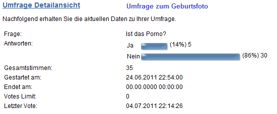 Umfrage vom 24.6. bis zum 4.7.2011: Ist das
                      Porno? Nein, das ist eine Geburt mit einer
                      Mehrheit von 86%
