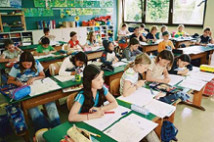 School class with desks in rows