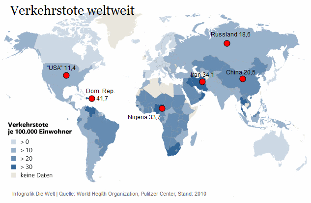 Weltkarte der
prozentualen Verkehrstoten 2010 Weltkarte der prozentualen
Verkehrstoten 2010