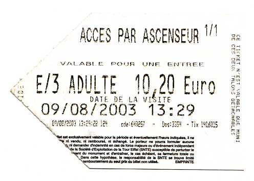 Paris
                            Eiffelturm Billet ganz nach oben, Rckseite,
                            tour Eiffel Fahrkahrte ticket, Eiffel tower