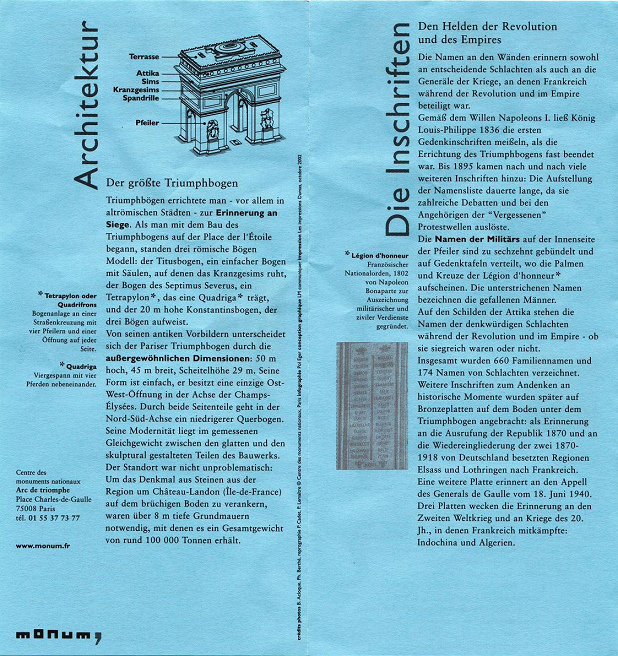 Paris Arc de Triomphe Faltblatt Architektur,
                      Inschriften, architecture, inscriptions