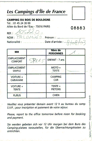 Paris Camping Quittung reu