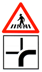 Kombination des
                          Zeichens "Hauptstrasse im
                          Kreuzungsbereich" mit der Warnung
                          "Achtung Fussgängerstreifen"