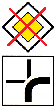 Das
                          Raserzeichen "Strasse mit Vortritt"
                          wird mit dem Kreuzungszeichen kombiniert,
                          Fussg�nger kommen nicht vor - das ist Sadismus
                          - geht nicht!