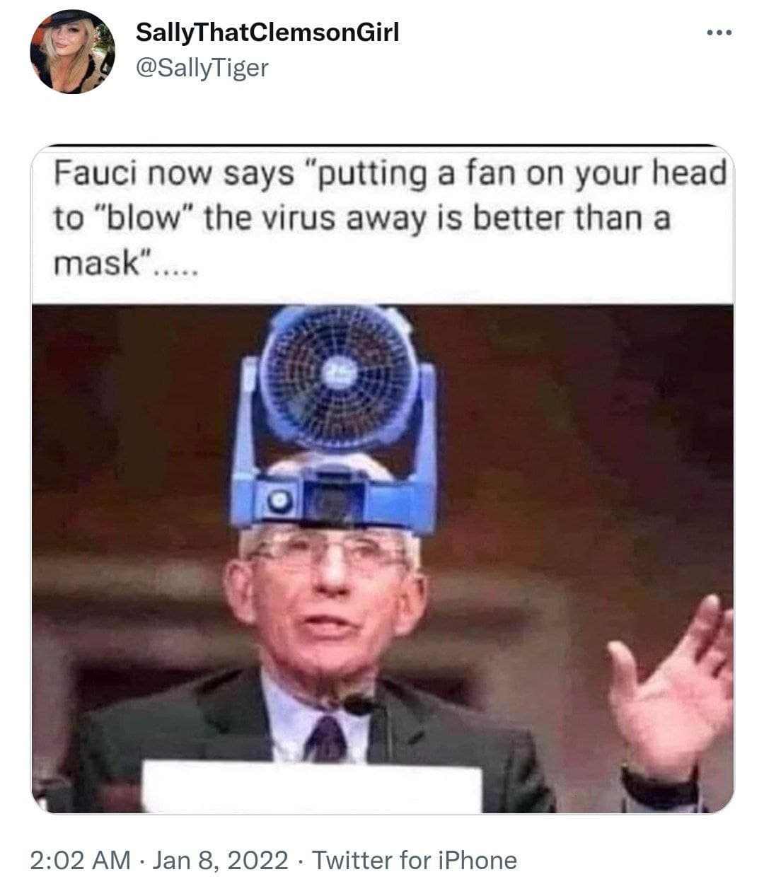 Täter Fauci 8.1.2022: Fauci meint,
Ventilator ist besser als Maske? Fauci
sagt nun, "dass es besser ist, sich
einen Ventilator auf den Kopf zu setzen,
um das Virus wegzublasen", als eine
Maske zu tragen Täter Fauci
8.1.2022: Fauci meint, Ventilator ist
besser als Maske? Fauci sagt nun,
"dass es besser ist, sich einen
Ventilator auf den Kopf zu setzen, um das
Virus wegzublasen", als eine Maske zu
tragen