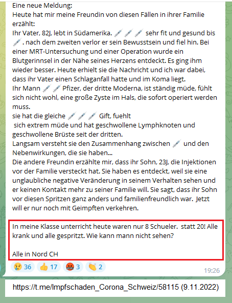 "Corona"-Impfung gegen Kinder
Nord-Schweiz 9.11.2022: Geimpfte Kinder sind alle
krank, von 20 nur noch 8 Kinder anwesend "Corona"-Impfung gegen Kinder
Nord-Schweiz 9.11.2022: Geimpfte Kinder sind alle
krank, von 20 nur noch 8 Kinder anwesend