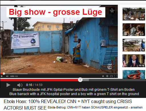 Die F�lschung der
                            CIA-New York Times mit der blauen Baracke
                            mit dem JFK-Spital-Poster und dem Schwarzen
                            in einem gr�nen T-Shirt auf der Erde