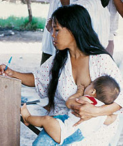 Asiatische Frau beim
                        Stillen und Lernen gleichzeitig