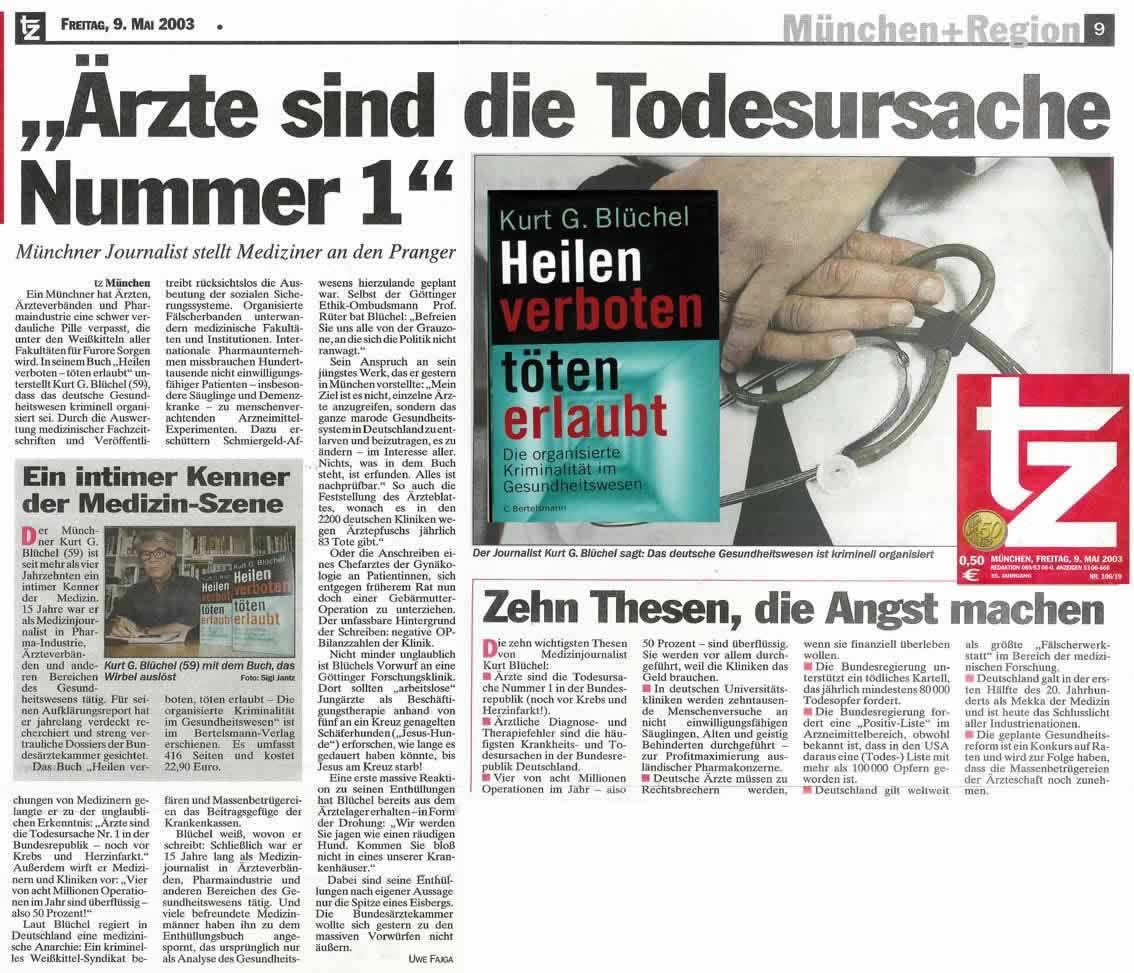 Artikel der tz M�nchen
                      vom 9. Mai 2003 Seite 9: "�rzte sind die
                      Todesursache Nummer 1"