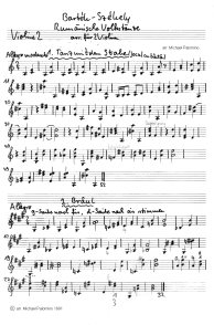 Bart�k-Sz�kely: Romanian folk dances,
                              violin tutti part (page 1): No. 1: Dance
                              with the stick (Jocul cu b�t�); No. 2:
                              Br�ul