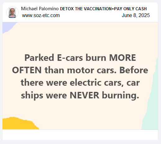 June 8, 2025: Parked E-cars burn MORE OFTEN
than motor cars. Before there were electric cars,
car ships were NEVER burning June 8, 2025:
Parked E-cars burn MORE OFTEN than motor cars.
Before there were electric cars, car ships were
NEVER burning
