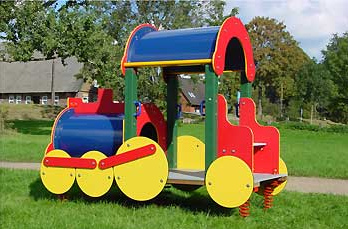 Spring rider vehicle
                              01, a train engine on spiral springs,
                              review Spielen-Lernen-Bewegen, Germany