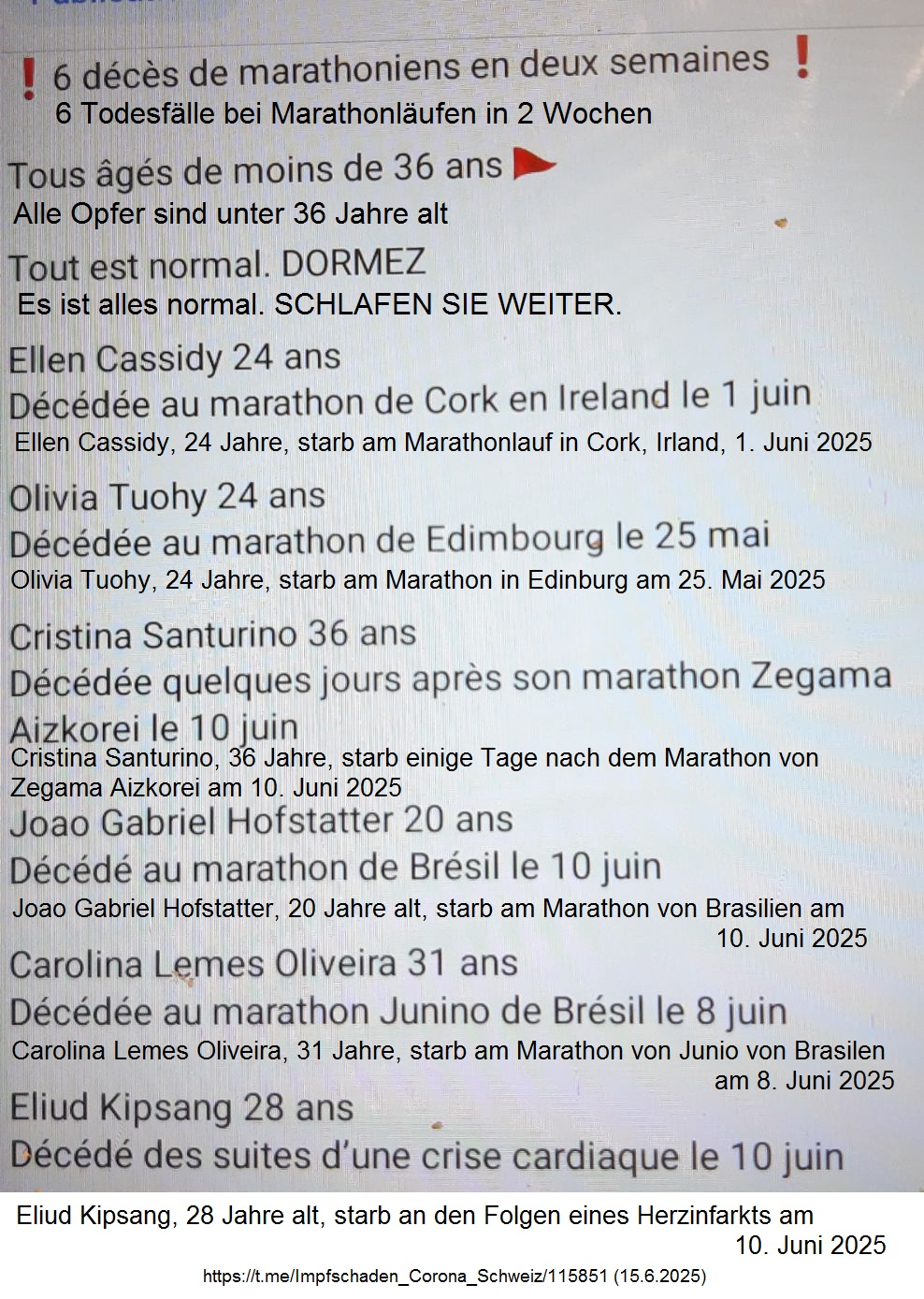 Verdacht "Corona"-Impfmorde
im Sport beim Marathon am 15.6.2025: Laufend
sterben Leute während Maratonläufen Verdacht "Corona"-Impfmorde im
Sport beim Marathon am 15.6.2025: Laufend
sterben Leute während Maratonläufen