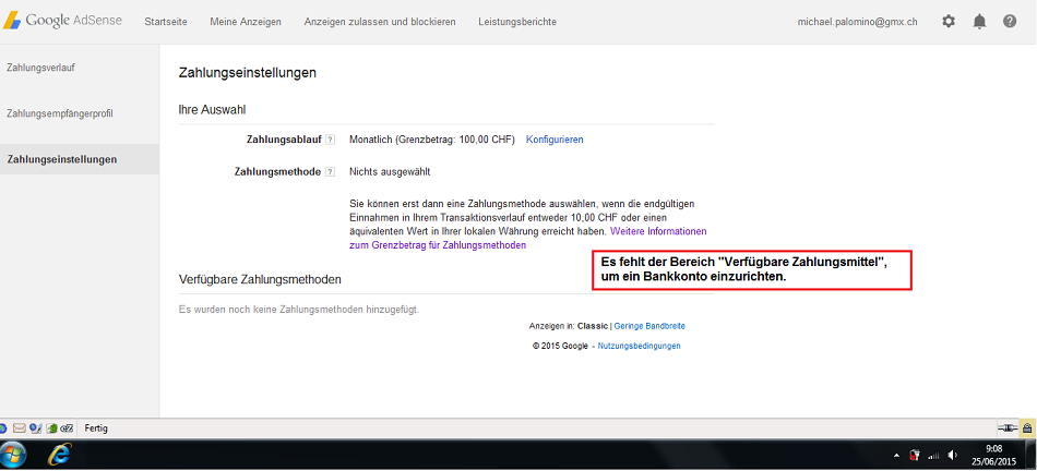 Google Adsense: Der Bereich
                          "Verf�gbare Zahlungsmittel" fehlt