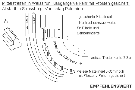 Mittelstreifen in
                        Weiss f�r Fussg�ngerverkehr mit Pfosten
                        gesichert, Vorschlag Palomino f�r Strassburg