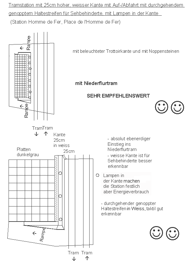Strassburg / Strasbourg:
                    Tramhaltestelle mit Rampen, weissen Kanten mit
                    Lampen drin, genopptem Rand: Station Homme de Fer,
                    Place de l'Homme de Fer