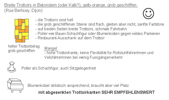 Dijon: Trottoirs in hellem
                    grobem Betonstein, Poller, Blumenk�bel, Rue
                    Berlisey