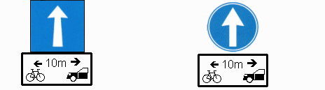 Signalisation einer Einbahnstrasse mit
                          einem Abstand von 10m zwischen Auto und Velo