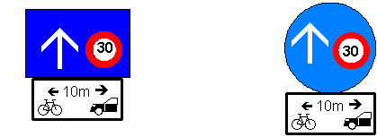 Signalisation einer Einbahnstrasse mit
                          einem Abstand von 10m zwischen Auto und Velo,
                          ausserdem Angabe von Tempo 30