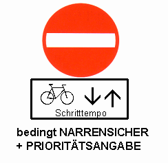 Verkehrsschild Einbahnstrasse (falsche
                          Richtung) mit der Erg�nzung: Velo / Fahrrad im
                          Gegenverkehr erlaubt im
                          "Schrittempo"