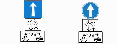 Verkehrsschild Einbahnstrasse (eine
                          Richtung), Erg�nzung: Velos / Fahrrad im
                          Gegenverkehr erlaubt, weitere Erg�nzung: Der
                          Abstand zwischen Velos und nachfolgendem Auto
                          soll mindestens 10m betragen.