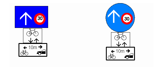 Verkehrsschild Einbahnstrasse (eine
                          Richtung), Erg�nzung: Velos / Fahrrad im
                          Gegenverkehr erlaubt, weitere Erg�nzung: Der
                          Abstand zwischen Velos und nachfolgendem Auto
                          soll mindestens 10m betragen, ausserdem
                          Tempo-30-Angabe