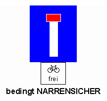 Verkehrszeichen Sackgasse, Erg�nzung:
                          Velo frei / Fahrrad frei