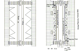 Umbau
                                    Tramstation mit zwei erh�hten
                                    Velowegen vor den wartenden
                                    Trampassagieren hindurch, Stop bei
                                    Tram