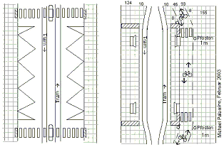 Umbau
                                                          einer
                                                          Inseltramhaltestelle
                                                          zu einer
                                                          Haltestelle in
                                                          Fussg�ngerzone
                                                          mit
                                                          angehobenem
                                                          Wartebereich
                                                          und
                                                          Zweirichtungsveloweg
                                                          an einer Seite
                                                          hinter dem
                                                          Tramh�uschen
                                                          hindurch