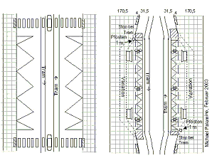Bau einer
                                                          Tramstation in
                                                          einer
                                                          Fussg�ngerzone
                                                          mit
                                                          angehobenen
                                                          Velowegen mit
                                                          Zickzacklinie
                                                          vor den
                                                          wartenden
                                                          Trampassagieren
                                                          durch, Stop
                                                          bei Tram